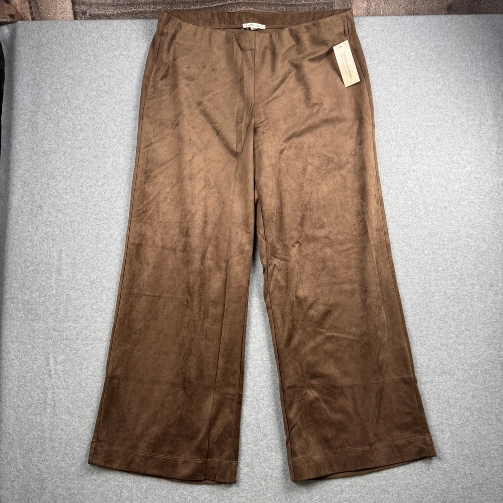John Paul Richard Pants Womens XL Brown Faux Suede Wide Leg Pull On Stretch NEW